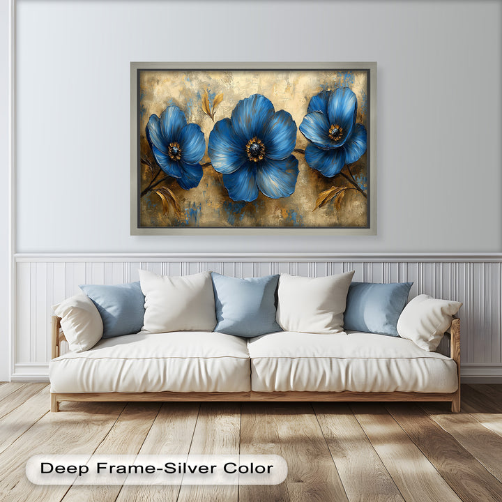Golden Beige Elegance – Royal Blue Floral Trio Flower Oil Painting