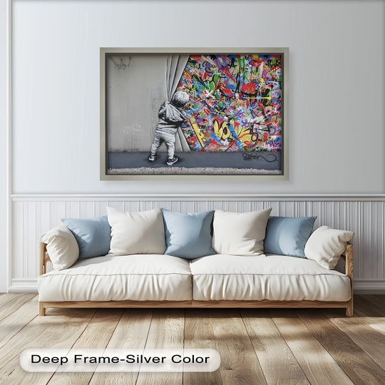 Square orientation reveals a Banksy-inspired 'Beyond the Curtain' oil painting with a deep frame in a silver color, perfect for adding vibrant art and unique oil painting home decor.