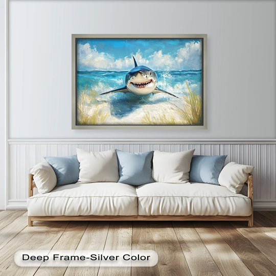 Predominantly turquoise and white, this Smiling Shark by the Shore oil painting artwork showcases vibrant colors and a captivating marine scene.