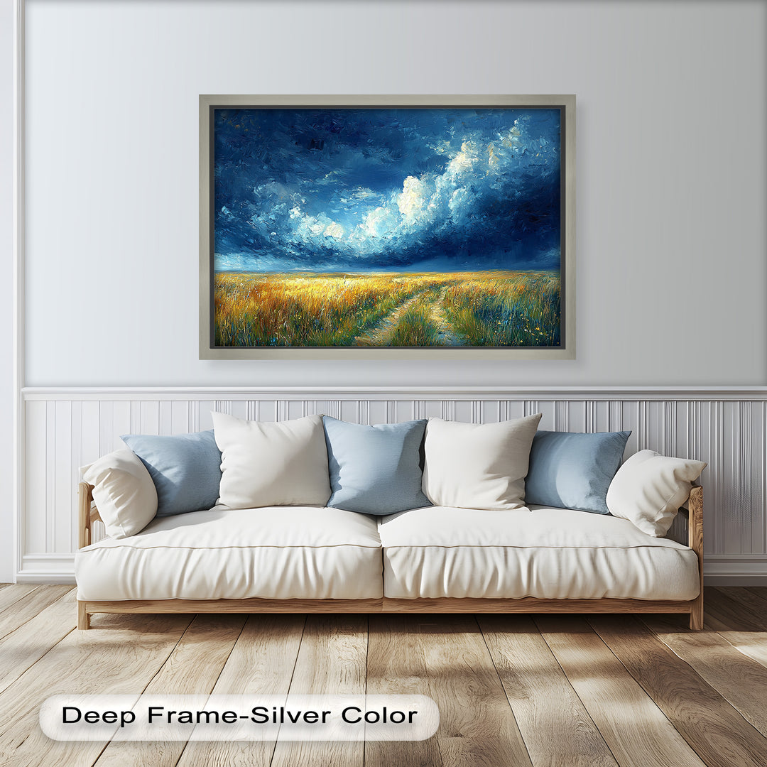 This dramatic landscape painting captures a winding path through a golden field under a sweeping sky filled with dynamic blue and white storm clouds.