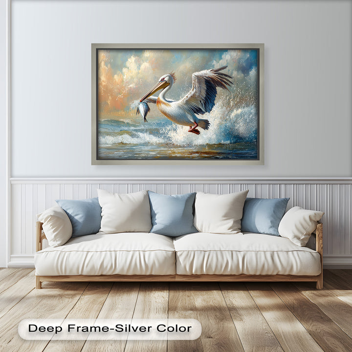 Pelican Catching Fish in Ocean Surf – Animal Oil Painting