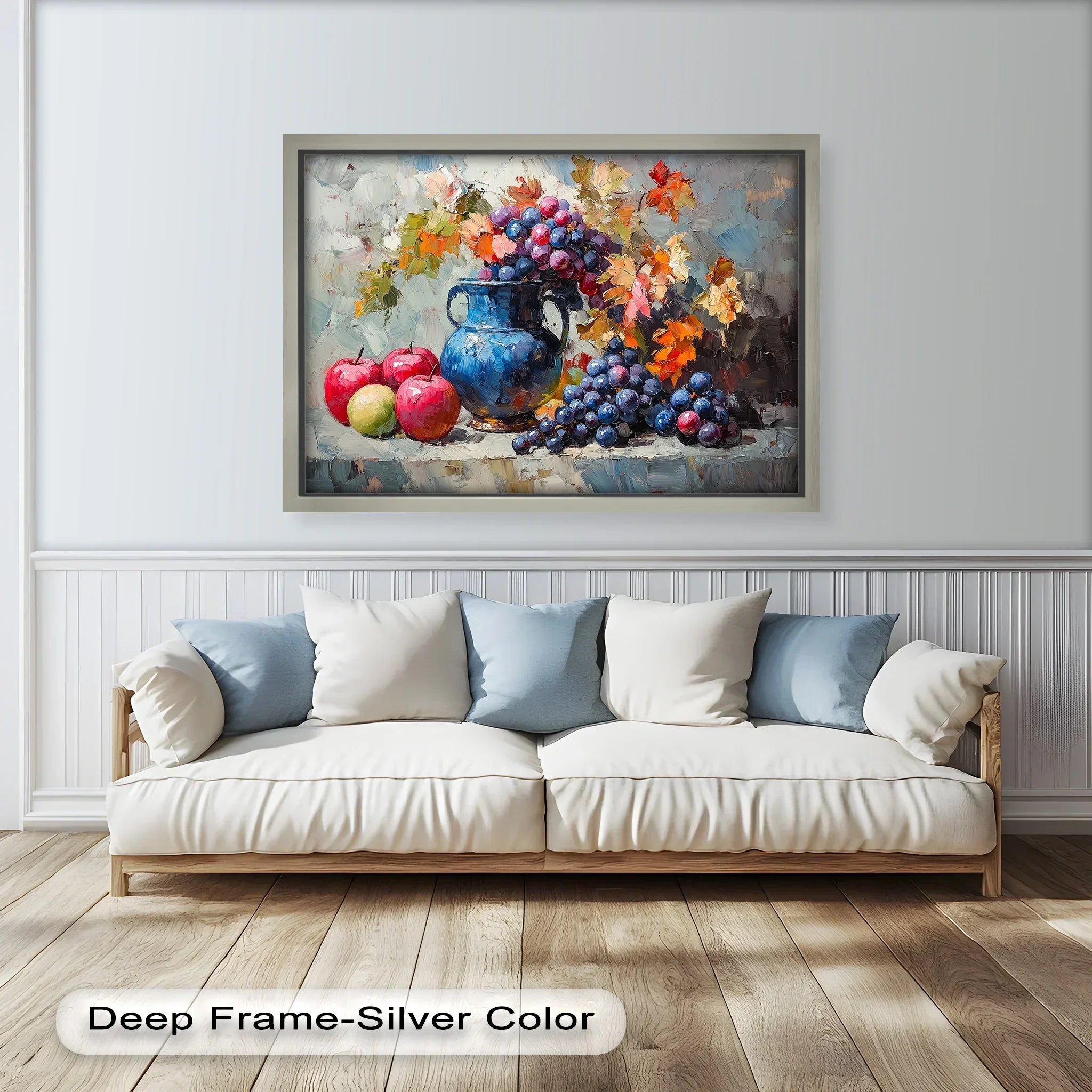 This vibrant still life painting features a rich arrangement of purple grapes and colorful autumn leaves cascading from a deep blue vase, accompanied by crisp apples.

