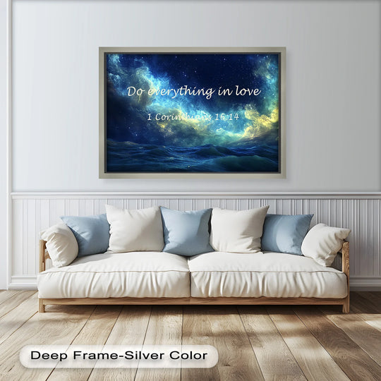 Celestial ocean scene with a glowing cosmic sky and 1 Corinthians 16:14.
