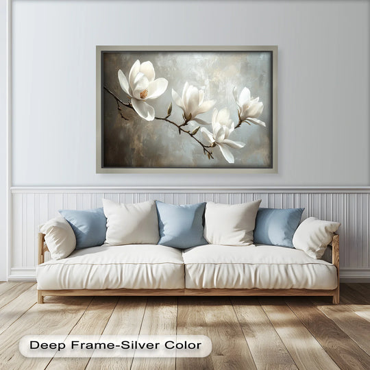 Magnolia serenity shows an oil painting artwork, the cream blossom branch flower and soft neutral tones create a serene focal point.