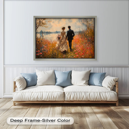 Romantic mood evoked by this oil painting artwork depicts a couple strolling through a vibrant, blooming field in the impressionist style.