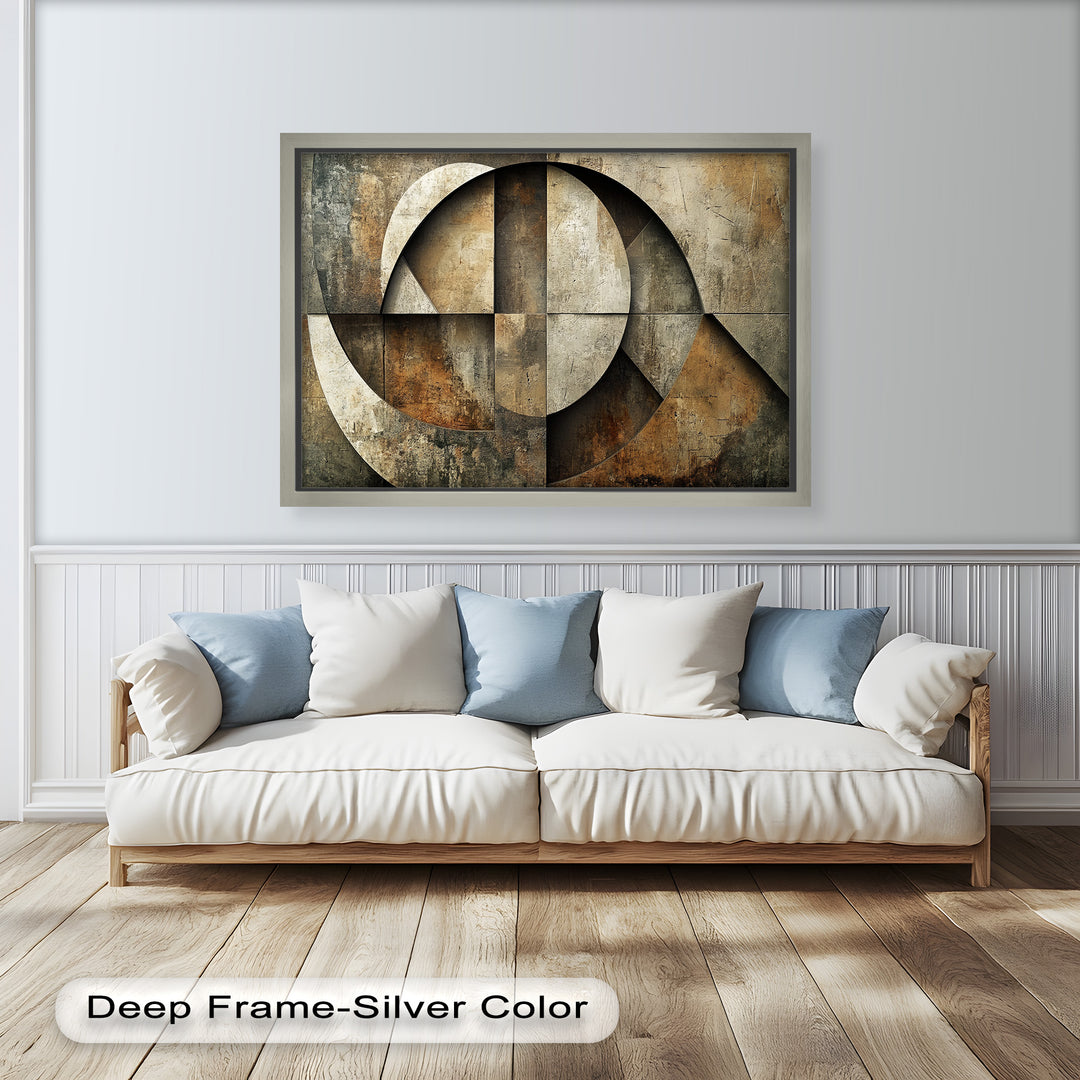Geometric abstract wall art with distressed earth tones and circular symmetry.
