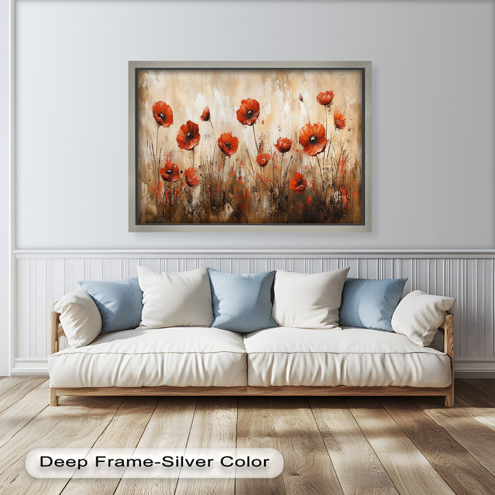 Fiery Meadow – Scarlet Poppies in Earth-Toned Field Flower Oil Painting