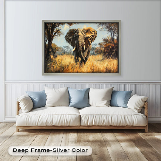 Vast negative space frames the majestic Guardian of the Wild elephant in this evocative oil painting artwork, highlighting its powerful form amid a golden field.