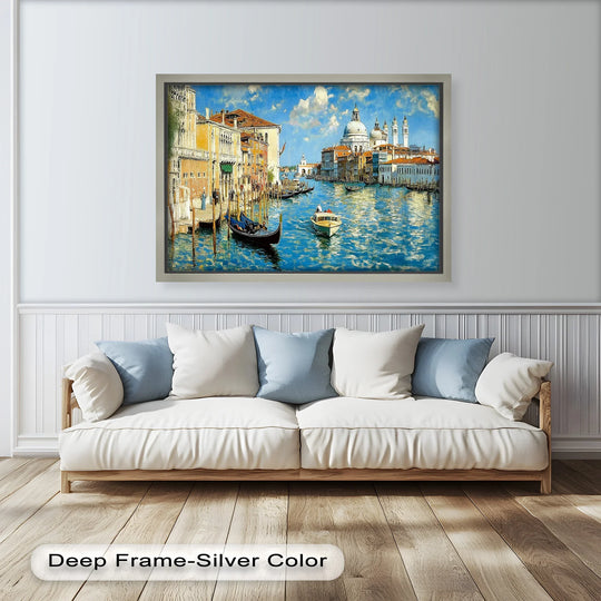Venice's Grand Canal, with its gondolas and sunlit buildings, forms the central subject of this impressionist oil painting wall art.