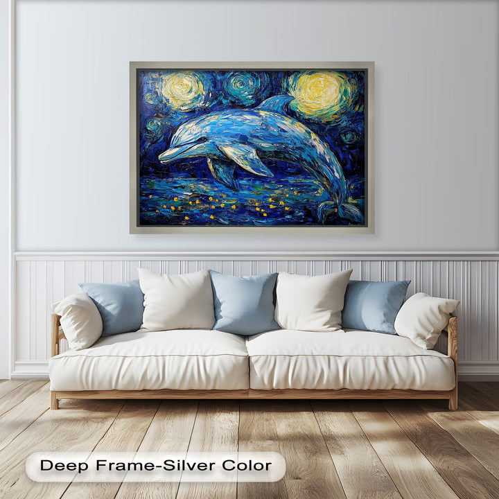 Starry Night Dolphin in Ocean Dreamscape – Animal Oil Painting