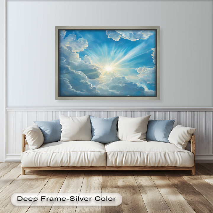 Transform any room with the celestial glow of this sun-drenched sky oil painting. The delicate play of light and shadows on the clouds adds a sense of wonder and tranquility, making it an ideal framed artwork for relaxation spaces.