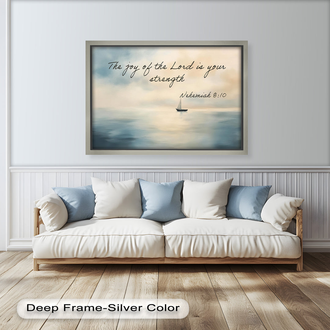 Serene painting of a sailboat drifting on calm waters with a biblical verse.
