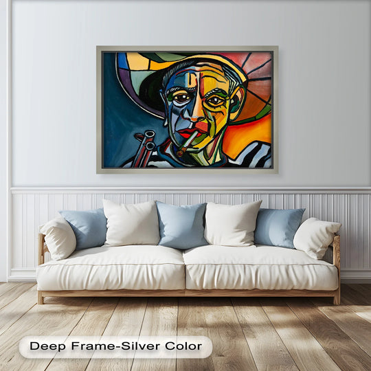 Layering effect showcased in the 'Rebel's Gaze' bold cubist portrait, a Picasso-inspired oil painting art piece with dynamic color layers depicting a cigar-smoking figure.