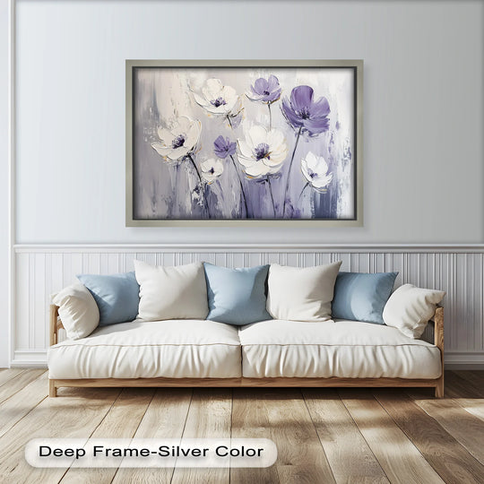 Soft hues of white and purple dominate this floral oil painting artwork, showcasing white and purple wildflowers in a harmony of color.