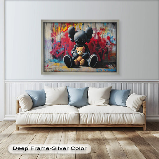 A cool-toned oil painting wall art captures the stark grays and blues of a graffiti-covered background contrasted with the warm tones of a teddy bear.
