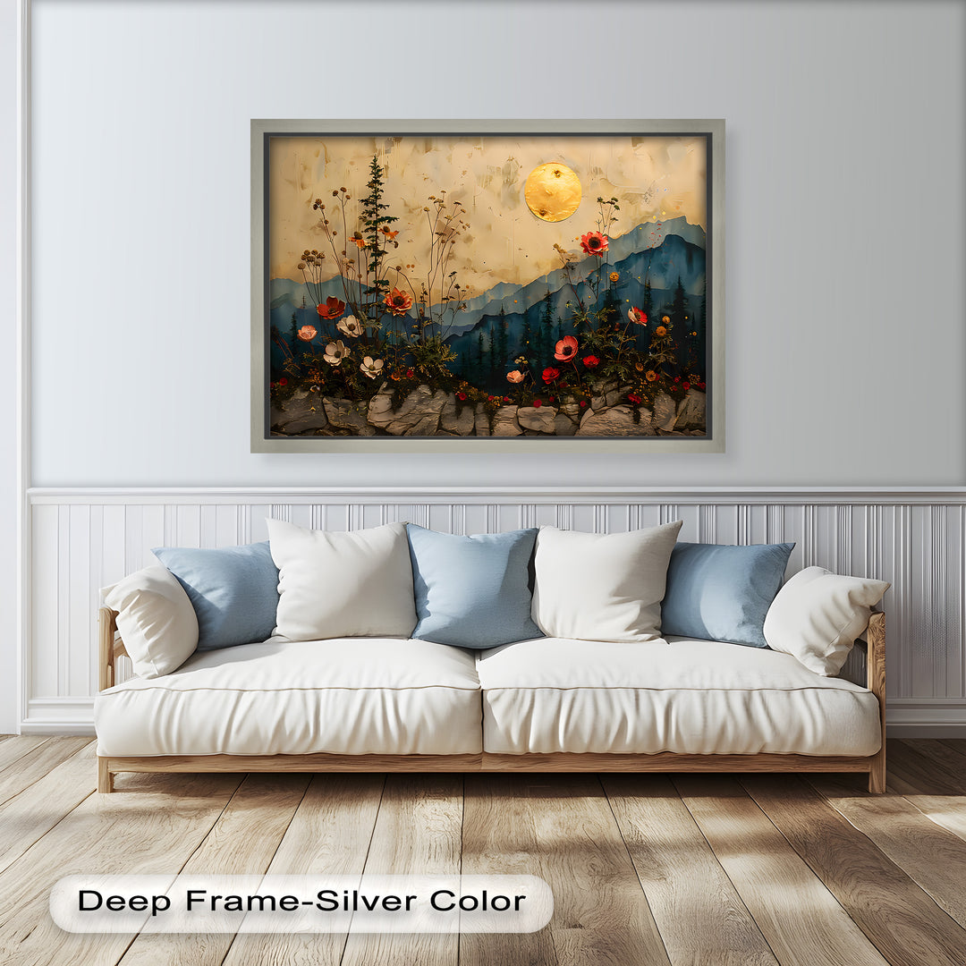 The warm glow of the moon contrasts beautifully with the cool mountain tones, creating a dreamy, otherworldly atmosphere.