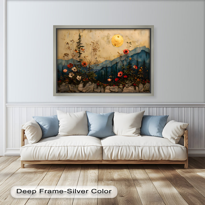 The warm glow of the moon contrasts beautifully with the cool mountain tones, creating a dreamy, otherworldly atmosphere.