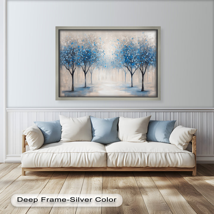 A modern artwork of a quiet tree-lined path, where cool blue tones and soft brushstrokes evoke serenity and stillness.