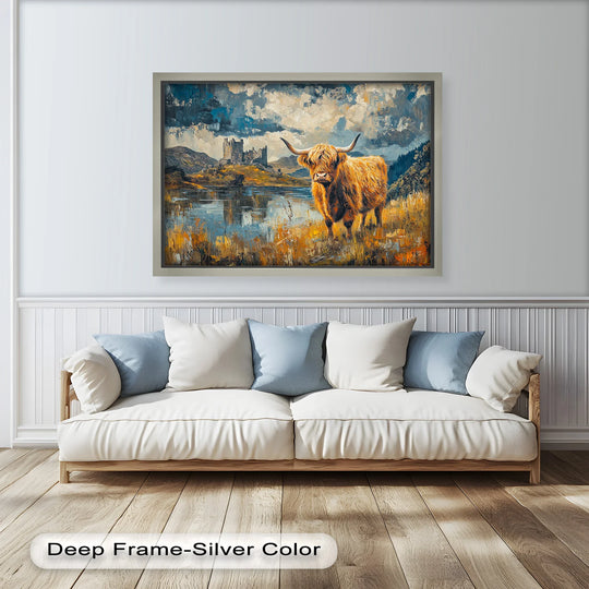 The foreground showcases the rich texture and color of this rustic oil painting art prints featuring a Highland cow standing near a loch and castle.