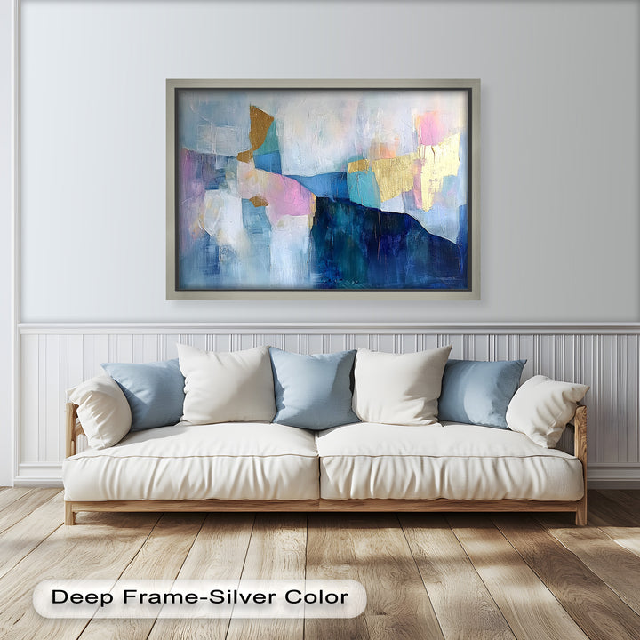 Abstract expressionist painting with layered textures and luminous metallic highlights.
