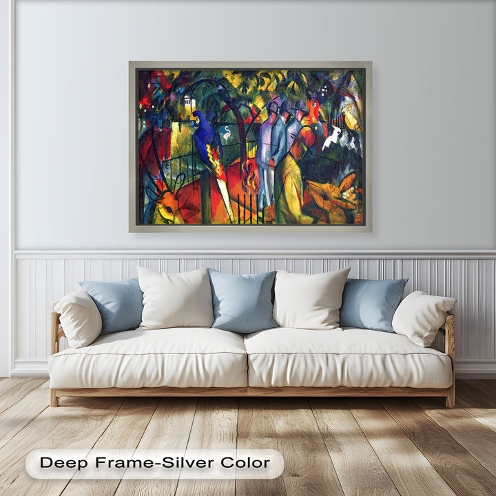 A bold, fauvist-inspired artwork showing a zoo with vivid wildlife and sharply outlined human figures, evoking movement and contrast.