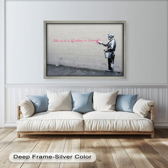 Sharp color contrast defines this oil painting art prints composition, highlighting a monochrome figure against a stark, brick wall inscribed with vibrant pink text.