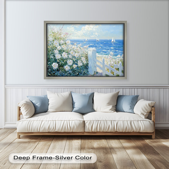 White Rose Garden with Sailboats – Impressionist Oil Painting