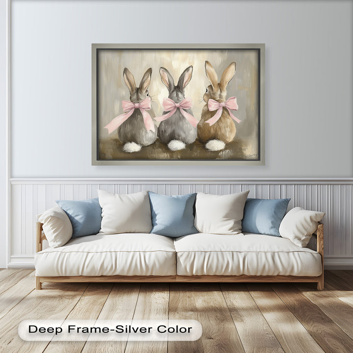Trio of Bunnies with Pink Bows – Animal Oil Painting