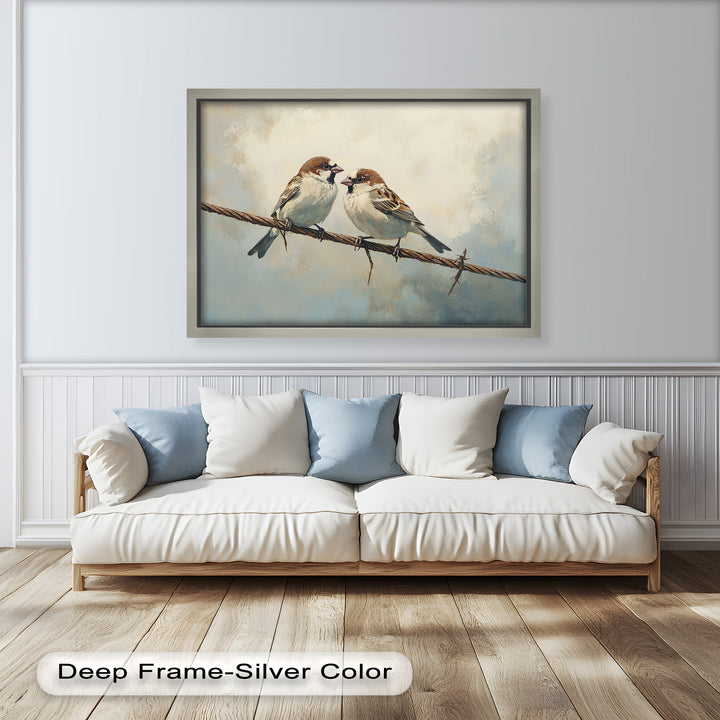Two Sparrows on a Wire – Bird Oil Painting