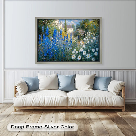 A peaceful mood emanates from this Impressionist garden scene featuring a 'Blue Delphinium' oil painting home decor with vibrant blues and whites.