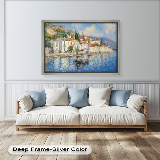 Foreground shadows define the allure of this Mediterranean village oil painting art piece depicting a serene harbor scene with sunlit buildings and a quaint boat.