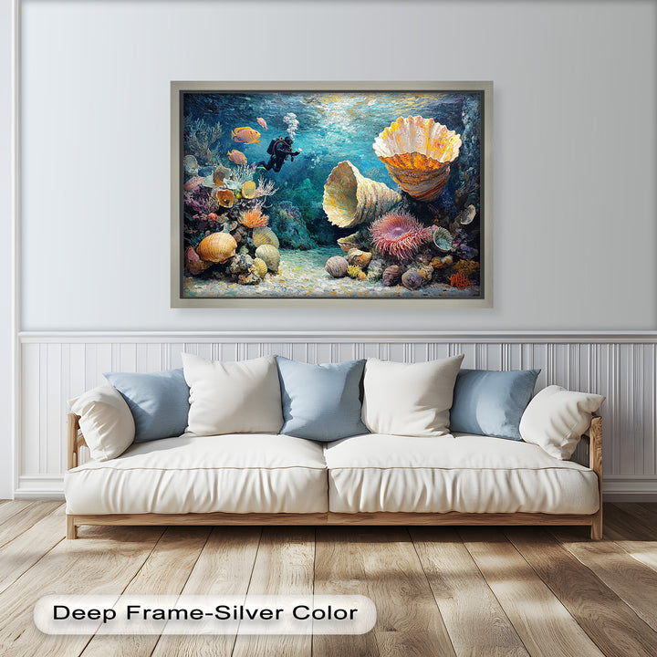 Diver Exploring Coral Reefs with Giant Shells - Animal Oil Painting