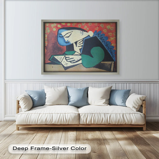 The realistic detail highlights the textures and brushstrokes of this 'The Reader' Picasso oil painting art prints, a Cubist portrait capturing the subject's quiet focus.