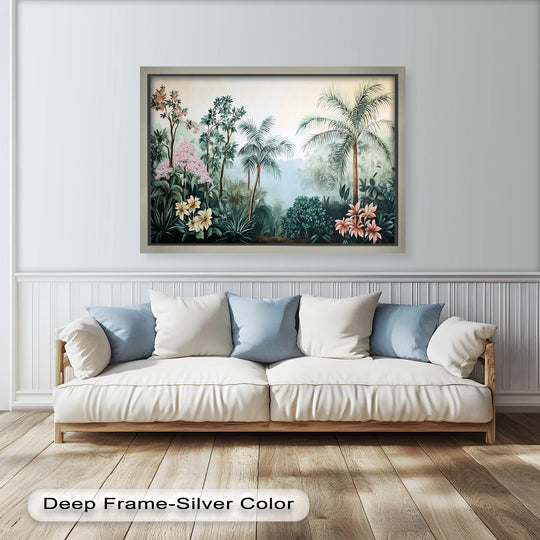 Warm tones in this framed Floral Tropics Oasis oil painting decoration contrast with cooler greens and blues, creating depth in the lush palm tree scene.