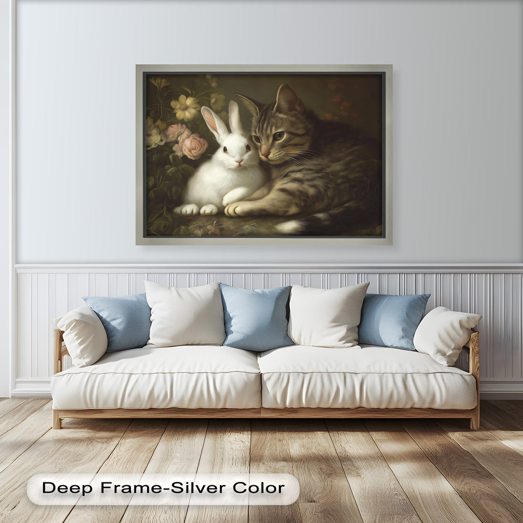 Cat and Rabbit in Floral Harmony - Animal Oil Painting