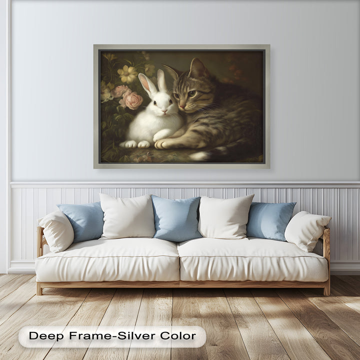 Cat and Rabbit in Floral Harmony - Animal Oil Painting
