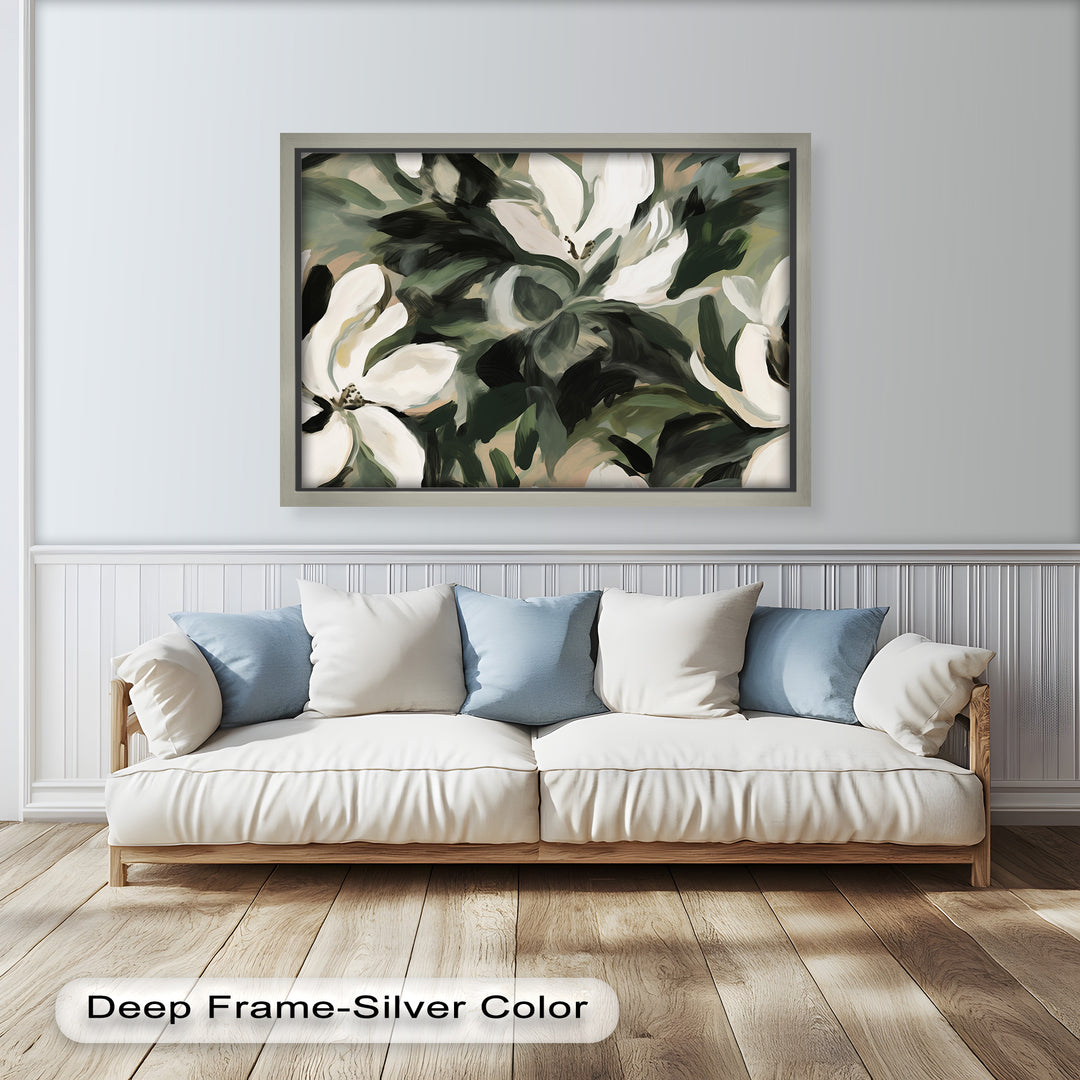 Cream Blooms in Forest Green - Flower Oil Painting