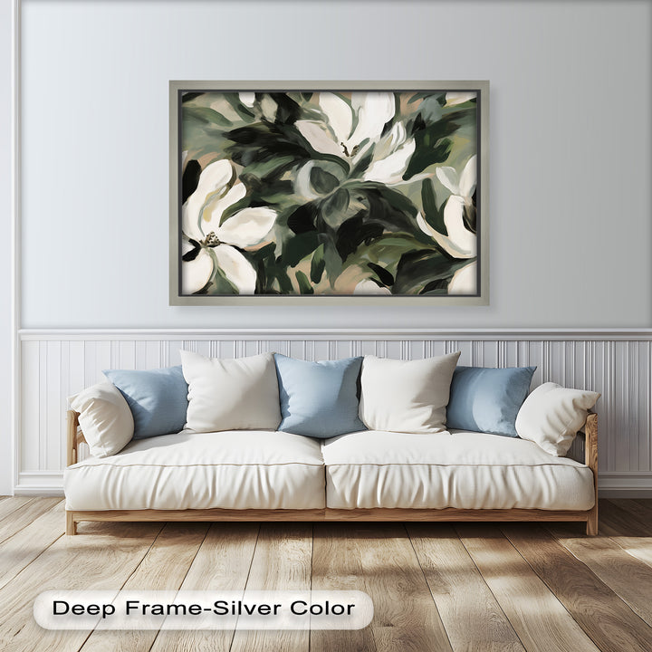 Cream Blooms in Forest Green - Flower Oil Painting