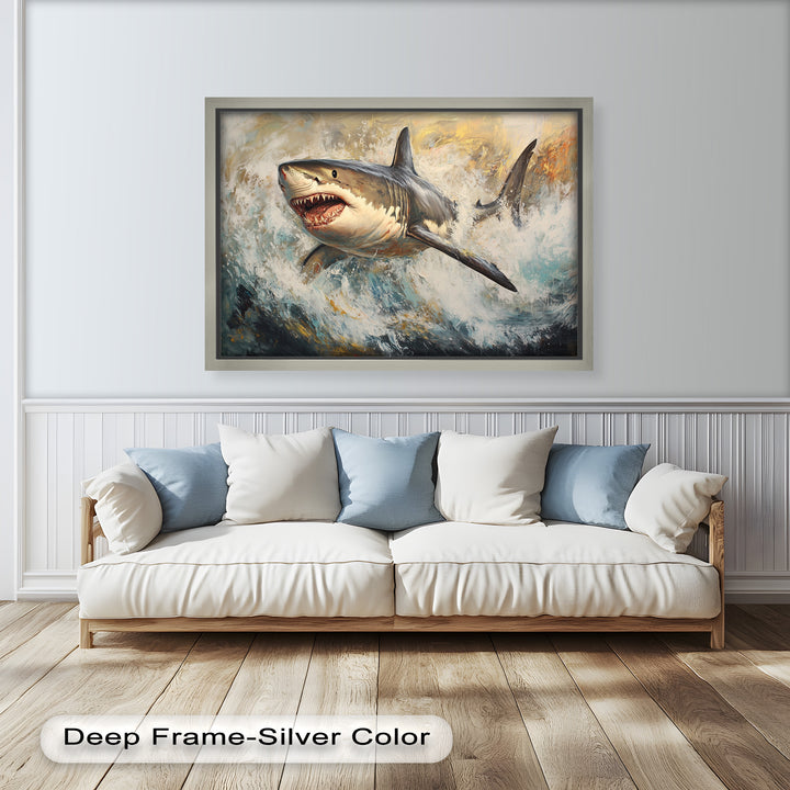Ferocious Great White Shark Leaping Through Waves - Animal Oil Painting