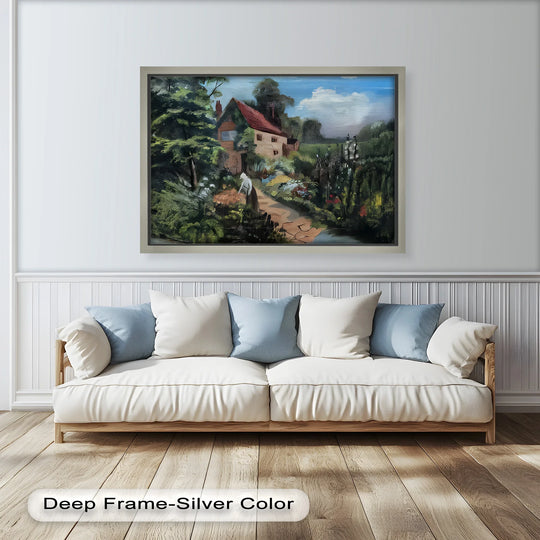 Soft cushions on the cream couch complement the framed vintage oil painting home decor depicting a quaint cottage and garden path.
