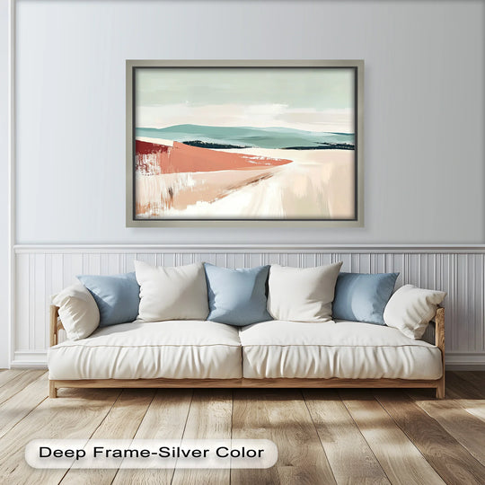 Cool and muted color temperatures define this minimalist landscape abstract oil painting art piece, depicting a serene terracotta horizon.