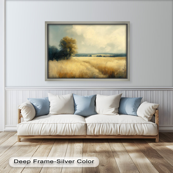 A tranquil rural landscape with golden meadows and a single tree swaying gently under soft daylight.

