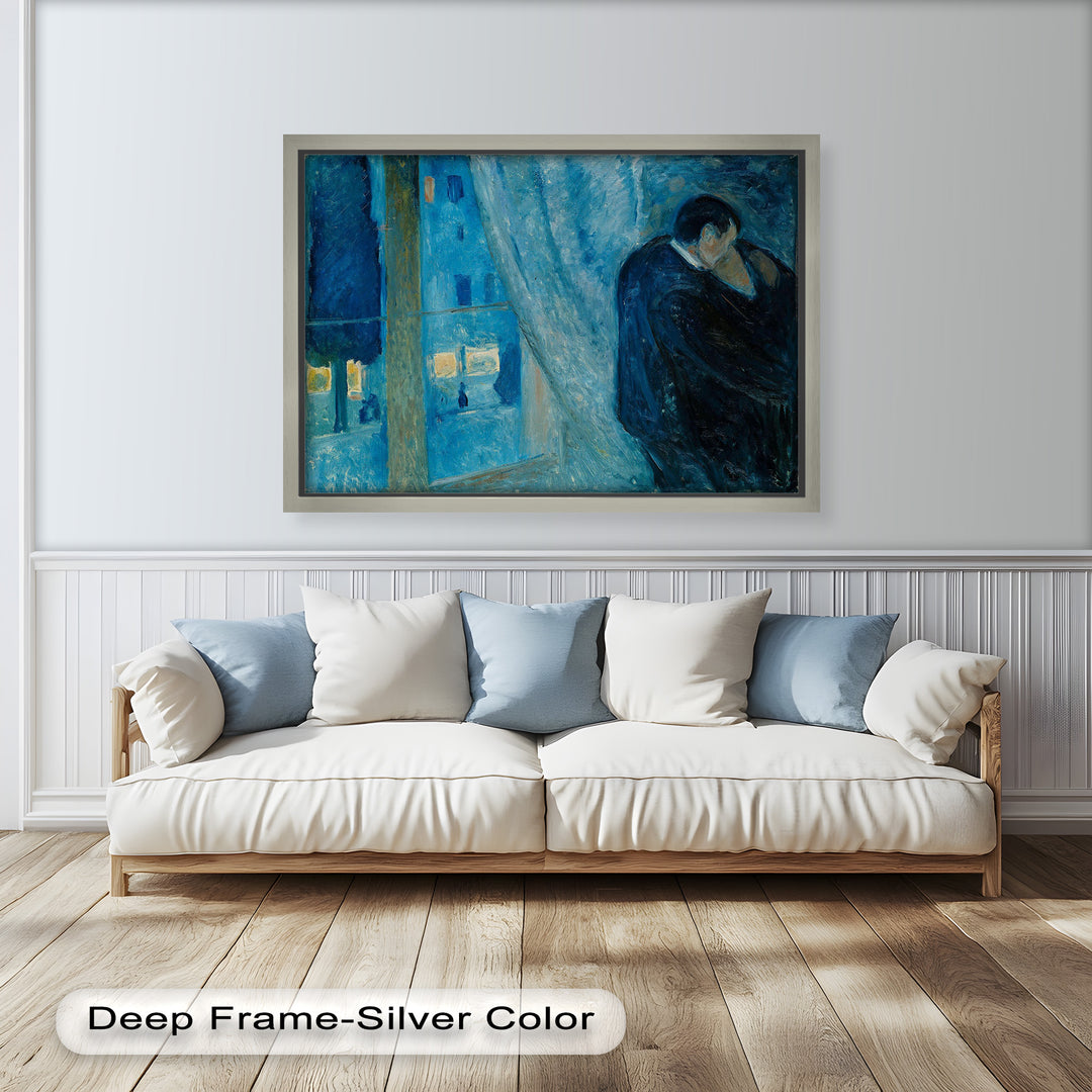 Moody blue interior scene of a couple embracing near a large window overlooking a softly lit street.

