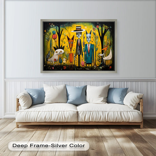 Foreground shows a comfortable white couch set against a light wood floor, enhancing the vibrant dandy forest surreal animal portraits in suits oil painting artwork above.