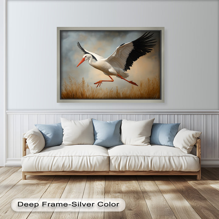 Stork in Flight over Golden Grasses – Animal Oil Painting