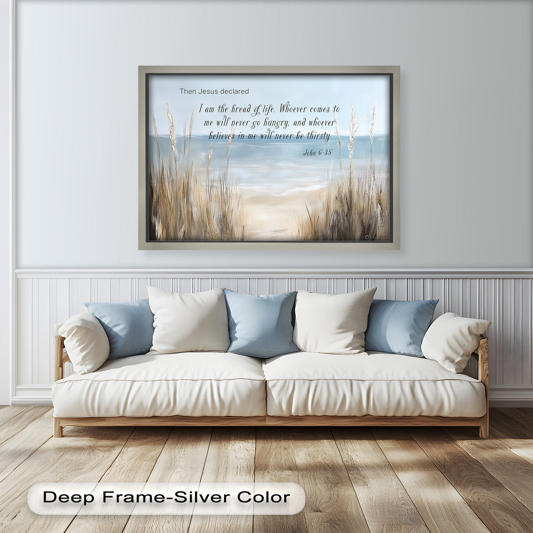 Peaceful seaside painting with a biblical verse from John 6:35.
