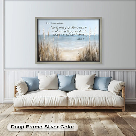 Highlighting the transition between colors, this 'John 6:35 – Bread of Life Bible Verse' oil painting artwork shows a serene beach scene blending from golden sand to tranquil blue sea.