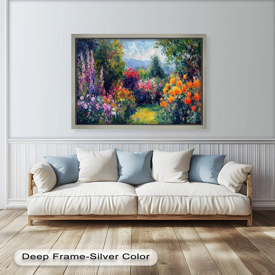 Visual rhythm is created by the varied brushstrokes and vibrant hues in this modern oil painting art of a sunlit garden, suggesting a lively dance among the flowers.