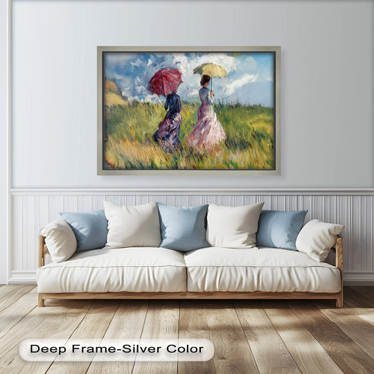 High color contrast highlights the light yellow parasol against the deep reds of the other within this oil painting art prints rendition of ladies in a meadow.
