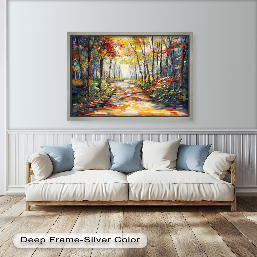 Step into a mesmerizing woodland escape with this vibrant oil painting. Featuring a sunlit pathway surrounded by golden foliage, deep reds, and cool blues, this impressionist masterpiece brings energy and warmth to any space.